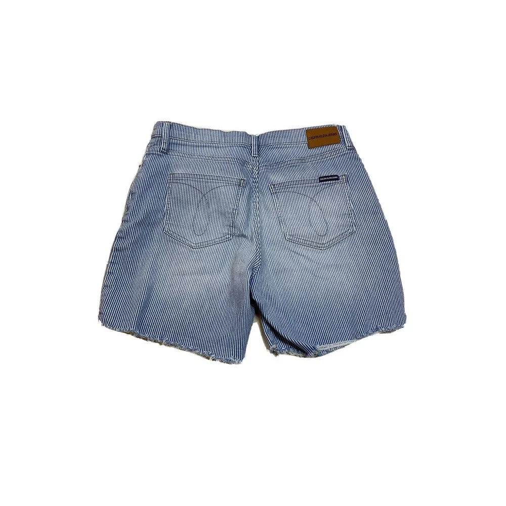 Calvin Klein Women's Blue/White Striped High Rise Shorts - 6 - Picture 2 of 4